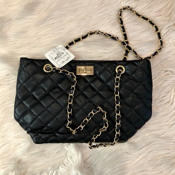 Women’s Shoulder Bag Diamond Quilted Gold Chain Vegan Leather Black - Picture 2 of 6